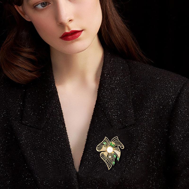 Роскошная медная брошь с микроинкрустацией кубическим цирконием, полая, в виде листьев, с имитацией жемчуга, ювелирные изделия, подарки, аксессуары для одежды