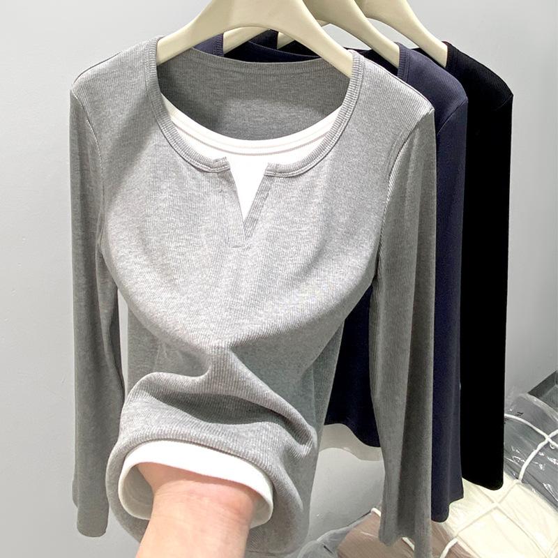 Fake Two-piece Design Long-sleeved T-shirt Women's Autumn Slim Slim Chic Beautiful Top Round Neck Undershirt