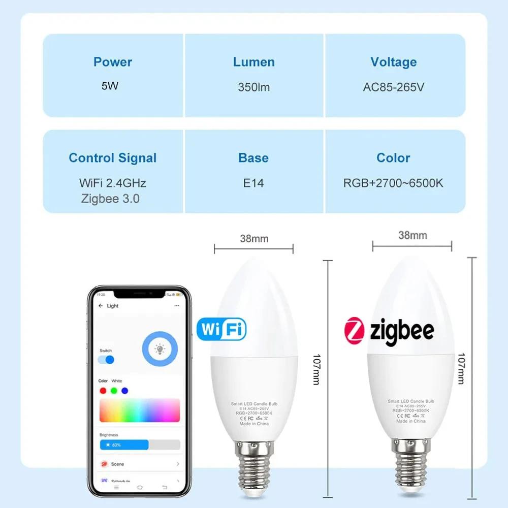 Умная светодиодная лампочка Tuya WiFi Zigbee E14 Лампы-свечи RGB CW Диммируемая светодиодная лампа Для Alexa Google Home Alice Управление приложением eWeLink