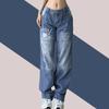 Autumn Women Street Hipster Irregular Personalized Printed Jeans Doing Old Mid-Waist Straight Pants Plus Size