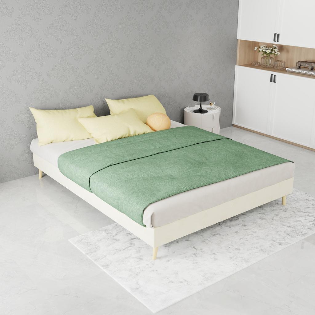 Modern Minimalist Bed Frame, 140x200 cm, Beige, Dutch Velvet Fabric, Low-Profile Base. Excludes Gas Lift Mechanism, Headboard, and Mattress.