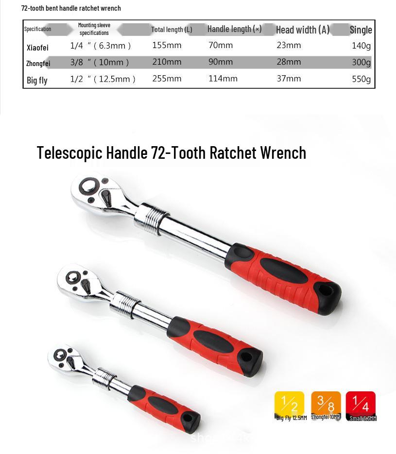 Телескопический набор трещоточных ключей - 72 зуба, 1/2", 3/8", 1/4"