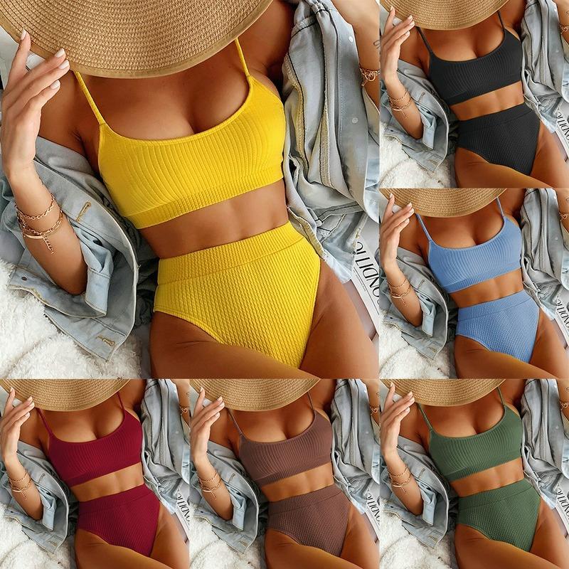 Женский бикини с высокой талией, купальник с пуш-ап, сексуальный комплект бикини с высоким вырезом в рубчик