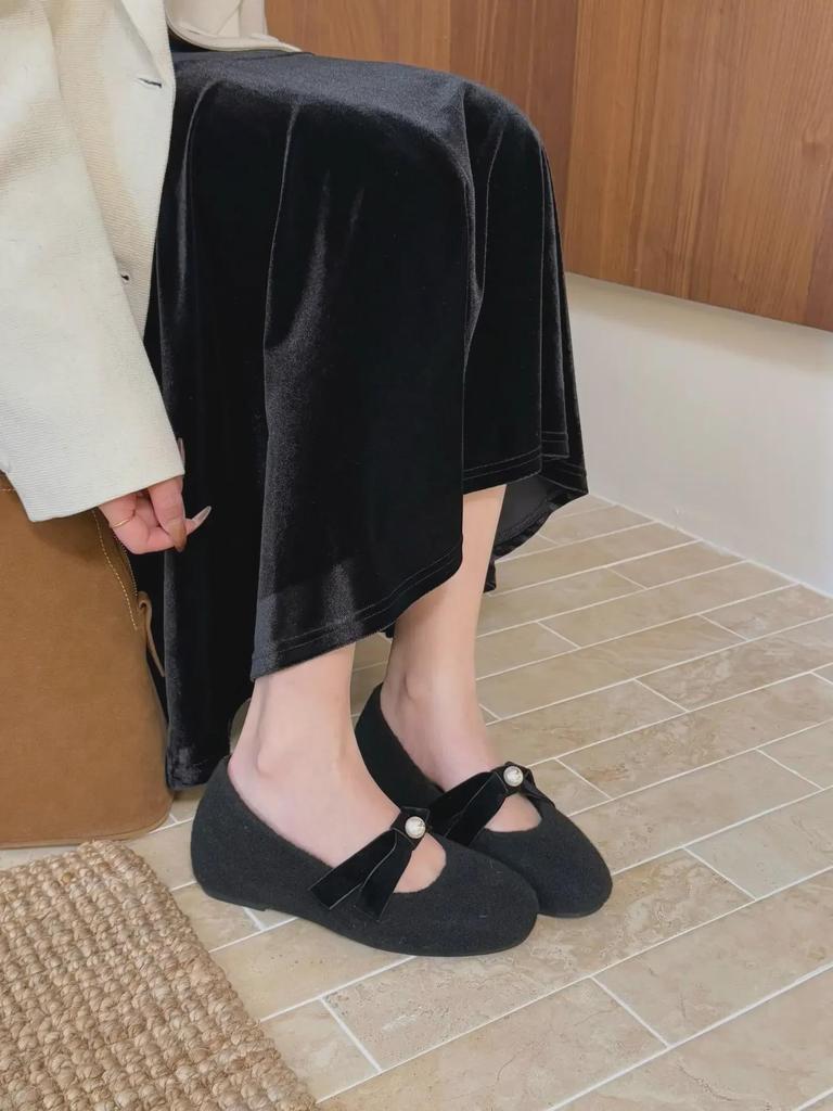 Женские бархатные туфли Мэри Джейн с круглым носком и бантом 2024 года выпуска
