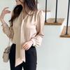 Fashion Long Sleeve Casual Shirt Women Spring and Summer Bow V-neck Solid Button Up Loose Blouses Women Elegant Simple Office Shirt Chic Tops 26436