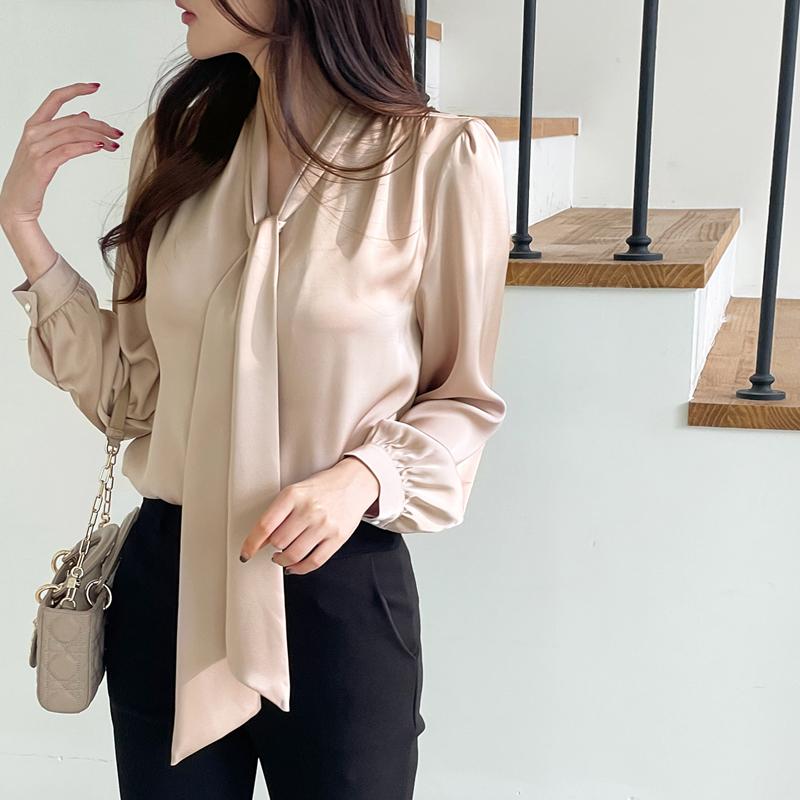 Fashion Long Sleeve Casual Shirt Women Spring and Summer Bow V-neck Solid Button Up Loose Blouses Women Elegant Simple Office Shirt Chic Tops 26436