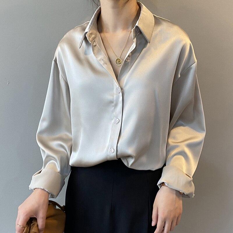 Fashion Button Up Satin Silk Shirt Women Tops Vintage Casual Plus Size Blouse Women Long Sleeve White Shirts Female 11355
