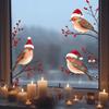 Christams 3 Birds in Red Santa Hat Window Clings, Xmas Theme Flower Birds Design Glasses Decorations, 11.8 * 10.6Inches Size Chritsmas Window
