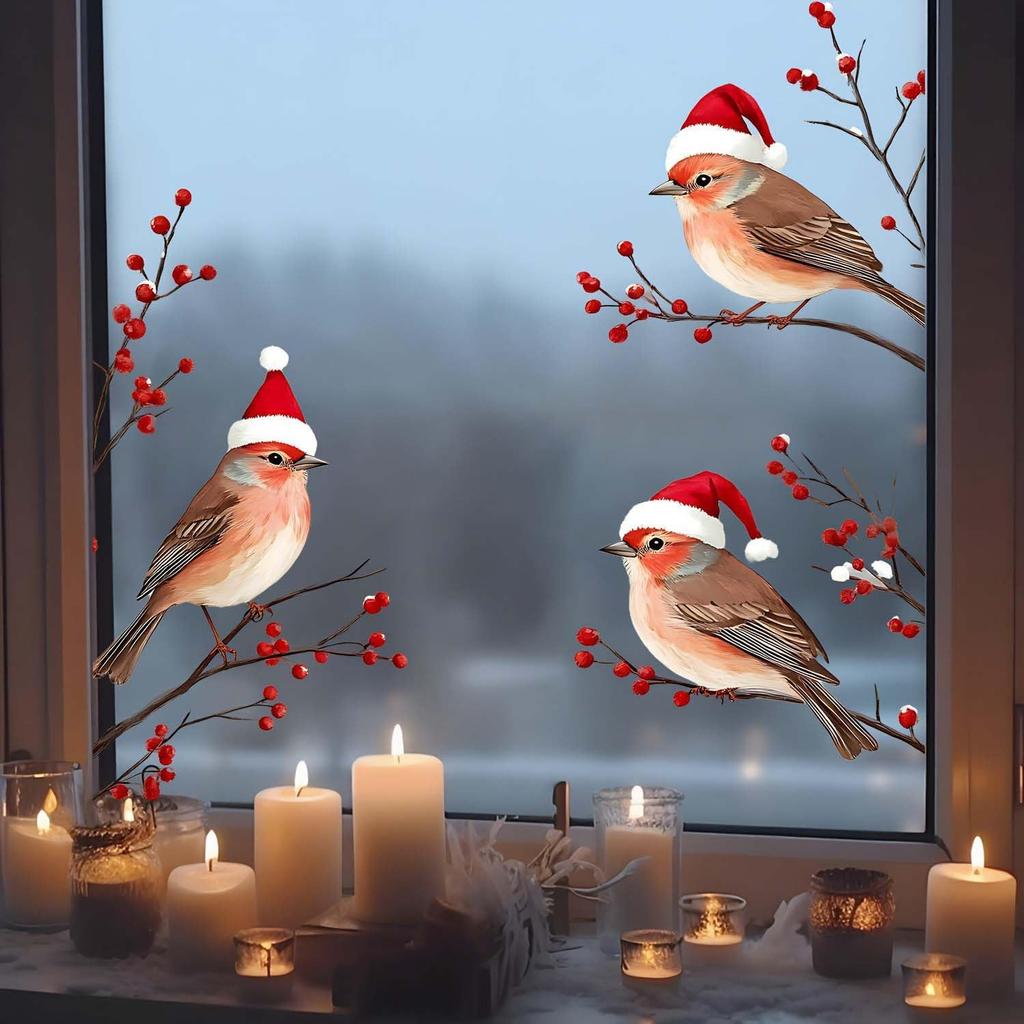 Christams 3 Birds in Red Santa Hat Window Clings, Xmas Theme Flower Birds Design Glasses Decorations, 11.8 * 10.6Inches Size Chritsmas Window