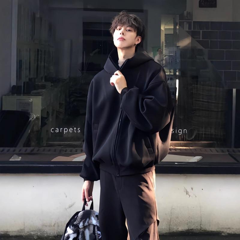Black Hooded Cardigan Sweatshirt Men Women Autumn Streetwear Casual Jacket