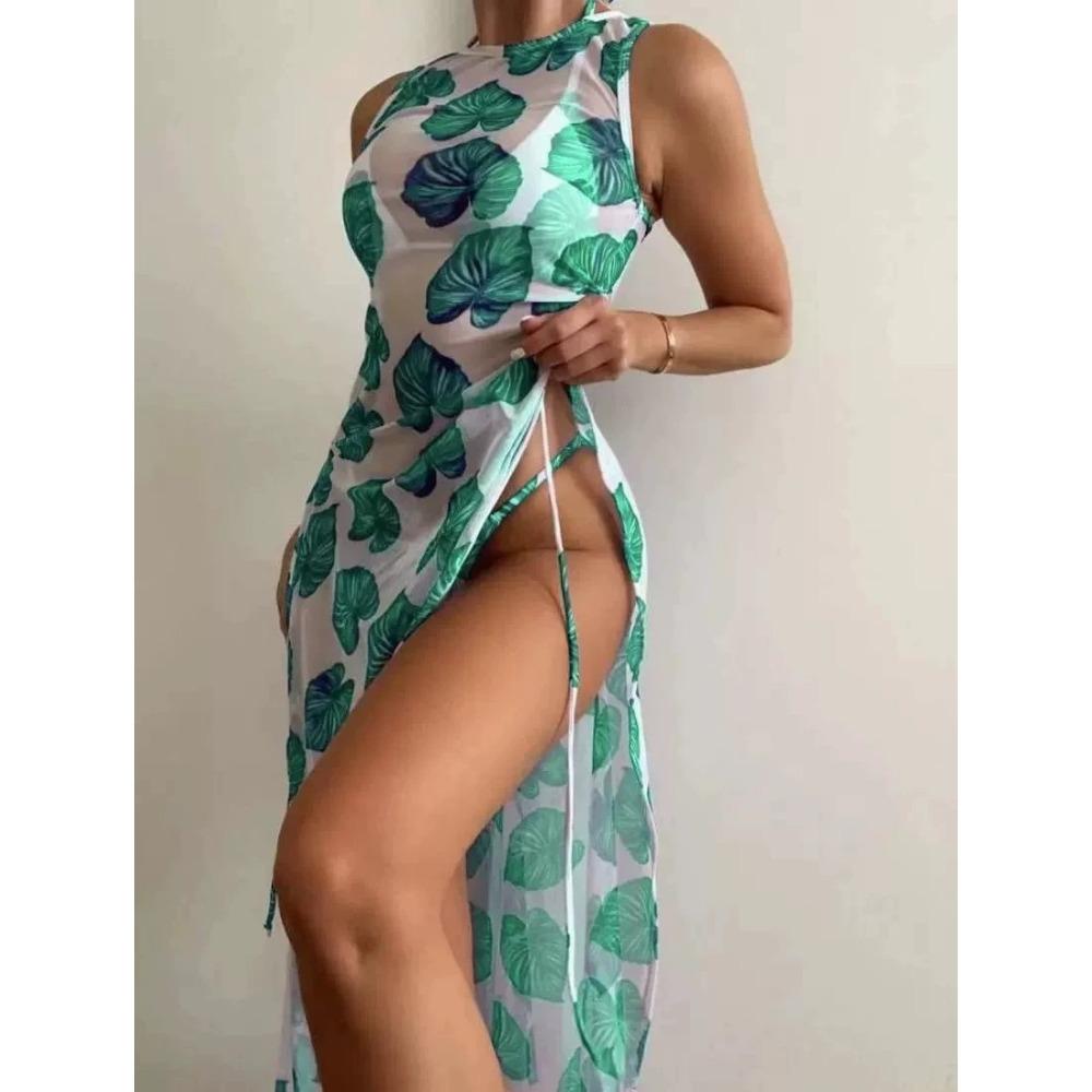 Сексуальный разделенный трехсекционный зеленый купальник бикини с цветочным принтом