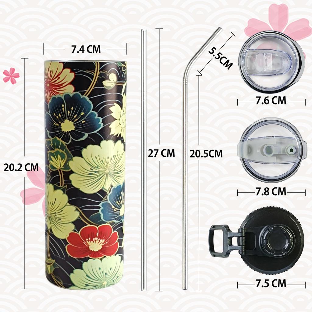 600ml Insulated Tumbler with 3 Leak-Proof Lids & Straws, Traditional Japanese Design, Vacuum Insulated, Keeps Drinks Hot or Cold, Perfect for Gifts,
