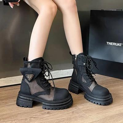 Модные панк-металлические украшения дышащие сетчатые ботинки женские 2025 лето массивная платформа высокий каблук ботильоны модная толстая подошва обувь