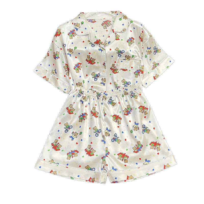 Летняя новая женская милая атласная пижама с цветочным принтом, короткий рукав + брюки, женская милая домашняя одежда, повседневная одежда