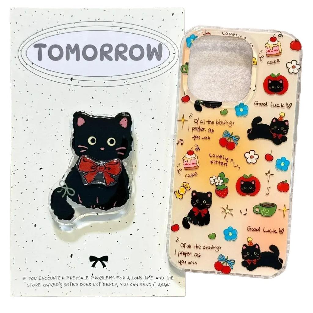 IDM Большое Отверстие Милый Черный Кот со Подставкой и Цепочкой для Чехла на Телефон Apple 17/15 Promax для iPhone