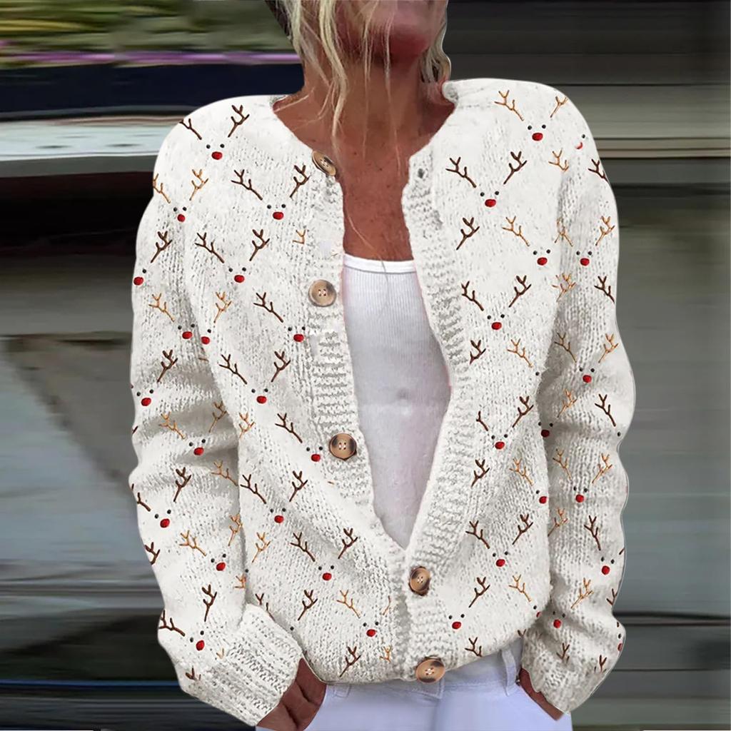 Women's Fashion Christmas Printed Long Sleeve Knitted Cardigan Button Down Jacket