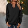Women's Fashion Casual V-Neck Long Sleeve Loose Soild Printed T-Shirt Ladies Top With Decorative Buttons