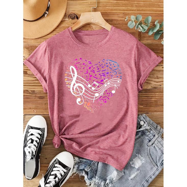 Colorful Music Symbol and Staff Pattern with Heart Print Casual Fashion Women's Sports Short Sleeve Round Neck T-Shirt T Shirt Top