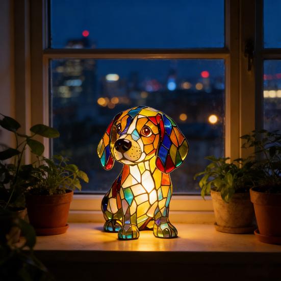 Rainbow Pup Night Light Handmade Vintage Dyed Resin 3D Puppy Lamp USB Powered Soft Warm LED Non-Glaring Decorative Gift for Dog Lovers Bedroom Desk