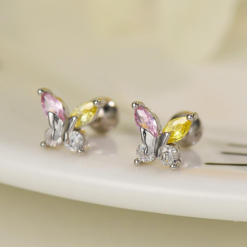 Корейские серьги-гвоздики из серебра 925 пробы для пирсинга козелка, спиральные серьги-гвоздики для женщин, 2 шт., бабочка, сердце, модные украшения для пирсинга ушей