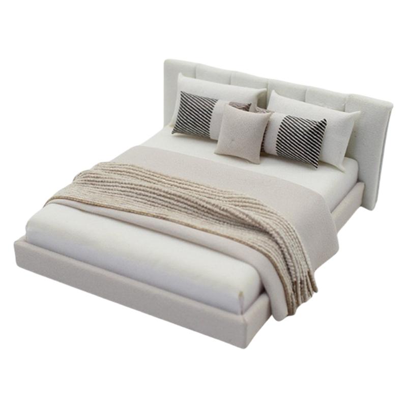 Кукольные домики 1/20 Спальня Миниатюрная Двуспальная кровать и Постельные принадлежности Реалистичный Современный Дизайн интерьера Комнатная сцена Дисплей Аксессуар