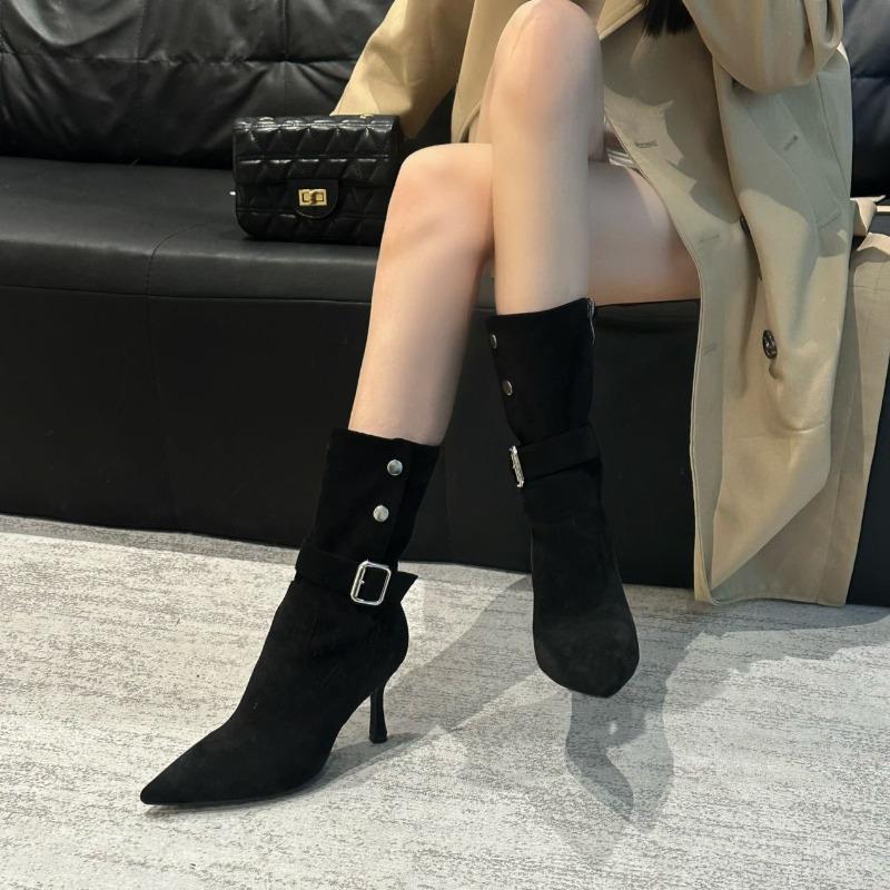 Retro Suede Fine Heel Folded Two Wear Western Cowboy Boots Female Pointed Thin Temperament Fashion Boots