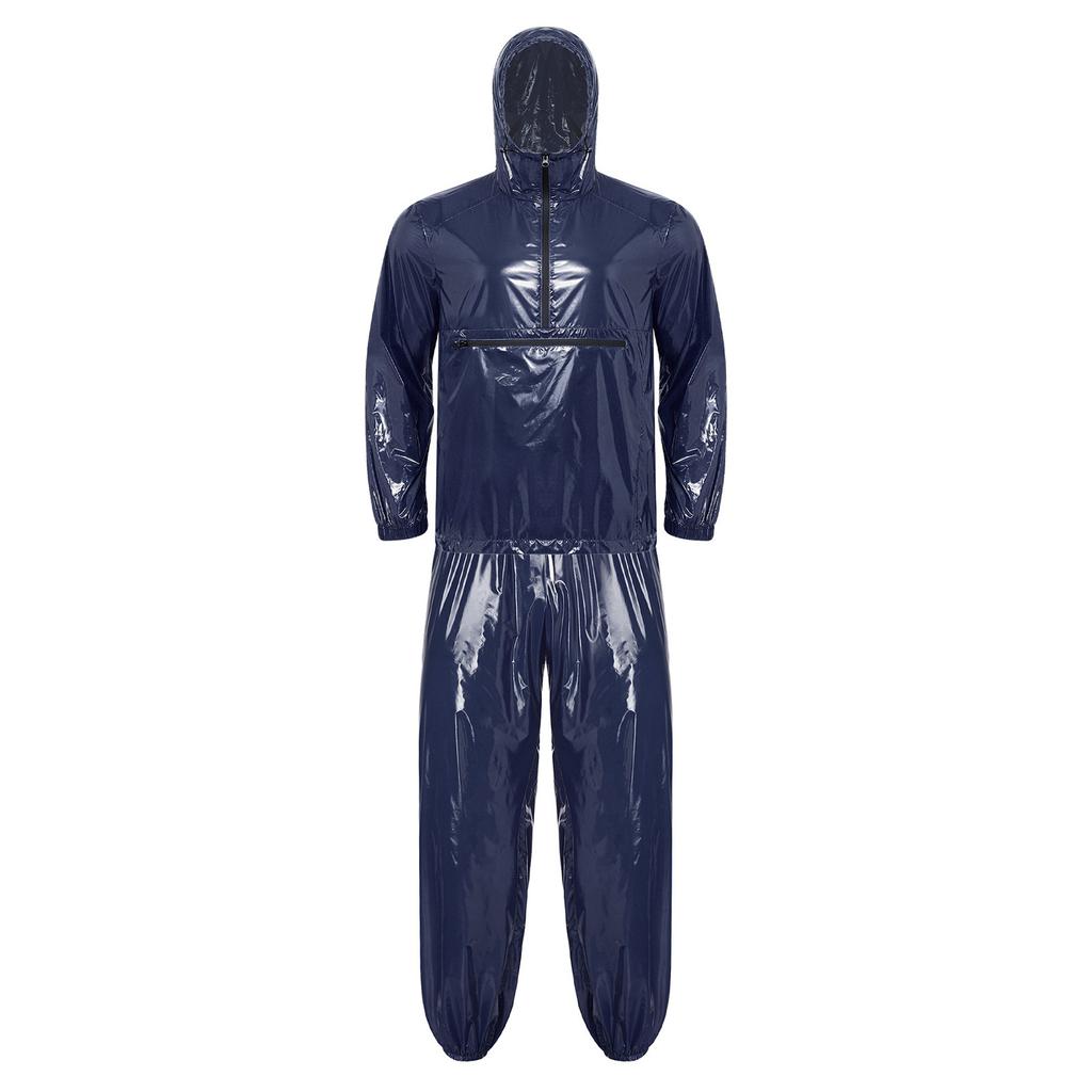 Mens Waterproof Tracksuit Hooded Windbreaker Front Zipper Pocket Jogging Pants Elastic Waist Rainwear Suit