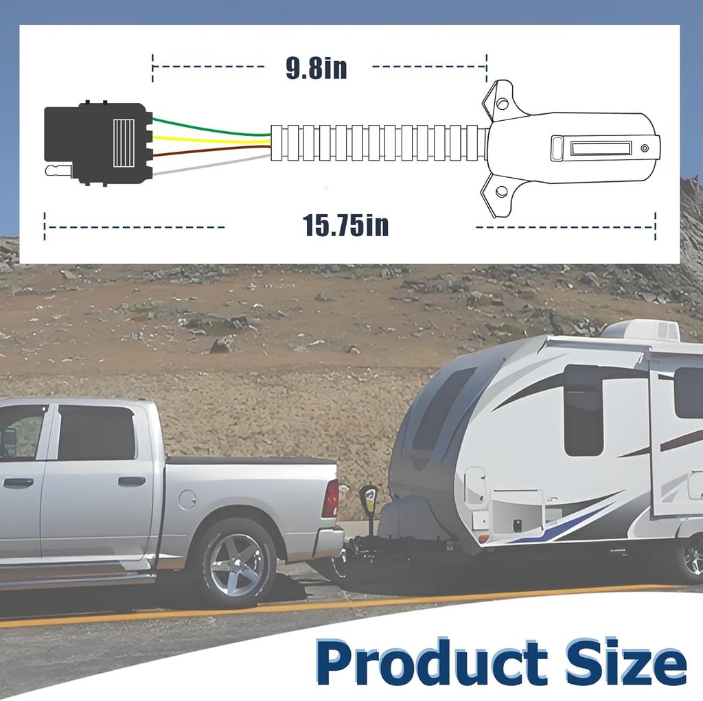 Universal Waterproof 7 Way Round to 4 Way Flat Adapter Trailer Wiring Harness Power Supply Extension Cord for Trucks RV Pickups