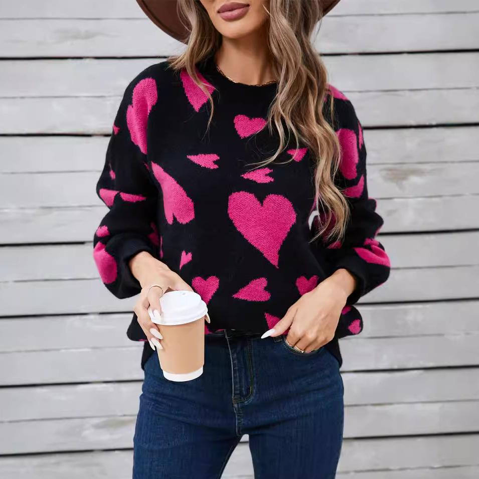Winter Women's Sweater Love Valentine's Day Pullover Large Peach Heart Color Clash Sweater