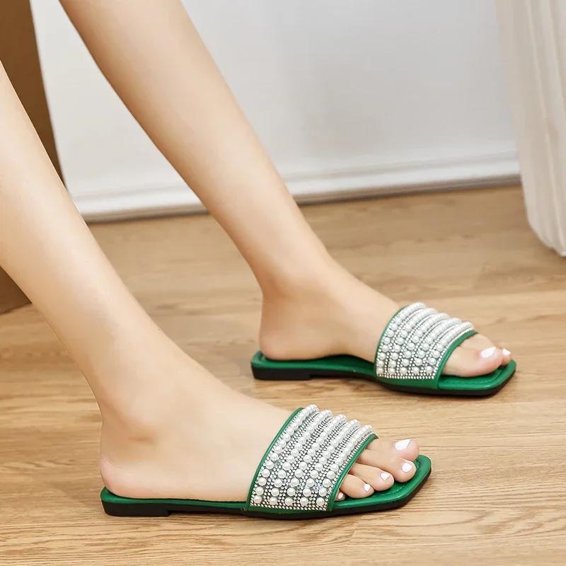 Плоские шлепанцы для женщин, модные женские сандалии с бисером, летние женские тапочки конфетных цветов