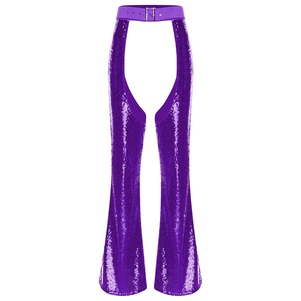 Womens Halloween Glitter Sequin Cowgirl Chaps Adjustable Waist Crotch Hollow Out Fully Lined Flared Pants