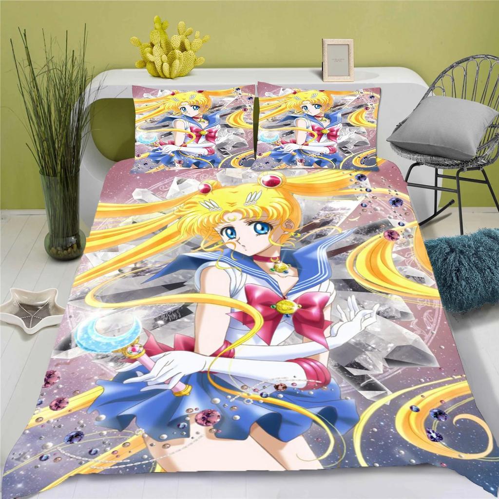 Anime S-SAILOR Girl M-MOON Duvet Cover Set Soft Wash Cotton Bed 2/3 Piece Summer Comfortable Student Dormitory Home Bedding