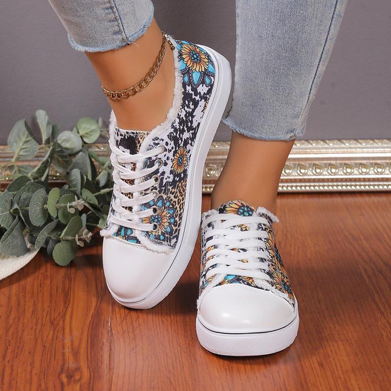 Fashion Women's Flat Canvas Shoes Casual Sunflower Printed Low Top Loafers Comfortable Slip On Sneakers Female Lace Up Vulcanized Shoes