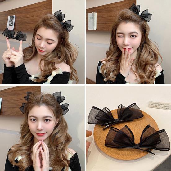 2Pcs Women Hairpins Two-layer Mesh Bow Anti-slip Photo Prop Lightweight Princess Style Reusable Party Hair Decoration Tool