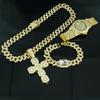 Luxury Hip-Hop Unisex Bling Quartz Rhinestone Iced Cross Pendant Necklace & Bracelet Watch Gift Set Pointer Dial Lightweight