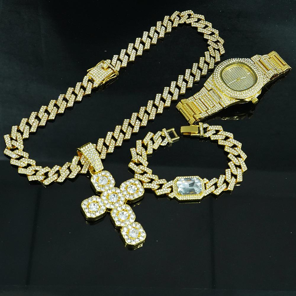 Luxury Hip-Hop Unisex Bling Quartz Rhinestone Iced Cross Pendant Necklace & Bracelet Watch Gift Set Pointer Dial Lightweight