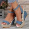 Fashion Summer New Blue Denim Broadband Crossover Wedge Sandals Womens Fashion Ankle Buckle Hemp Rope Bottom High Heeled Shoe Size 42