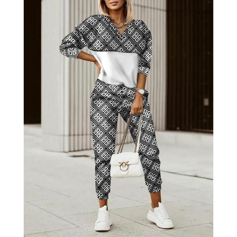 YYFS Женская мода повседневная весна осень длинные рукава V-образный вырез брюки брюки костюмы