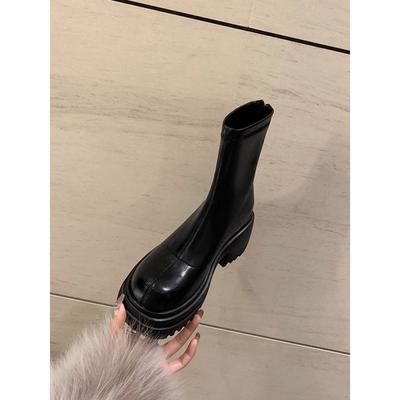 Женские осенне-зимние новые короткие ботинки на высоком толстом каблуке с круглым носком, задней молнией, толстой подошвой и коротким голенищем, ботинки-маффины на эластичной резинке, корейская версия