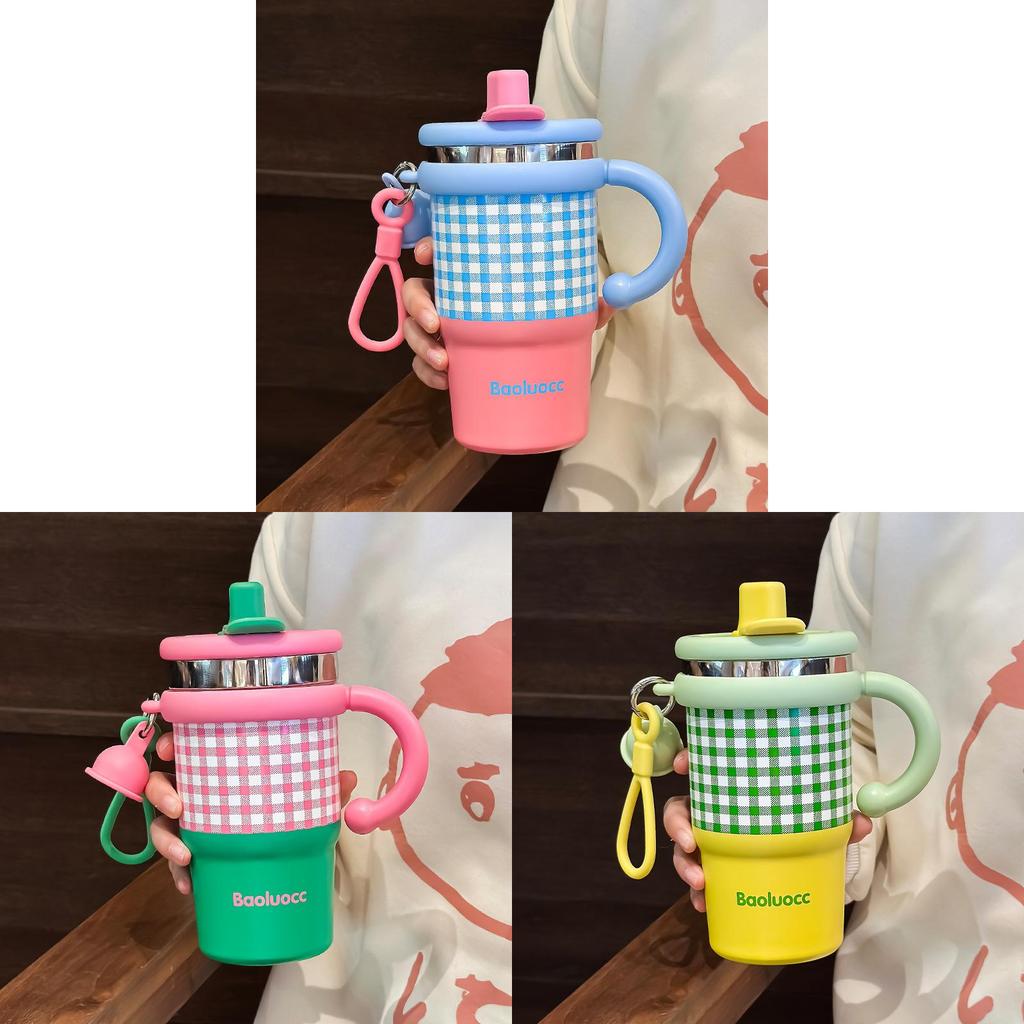 Plaid 600ml Stainless Steel Coffee Cup With Handle And Leakproof Lid For Commuting