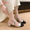 Fashion Aphixta 5cm Square Heels Pearl Dec Women Slides Pointed Toe Flip Flops Patchwork Summer Slides Fashion White Baby Silver Shoes
