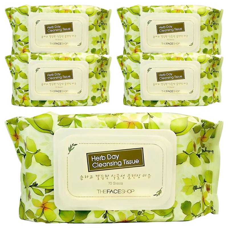 The Face Shop Herb Day Cleansing Tissues, 70 wipes, 5 pcs