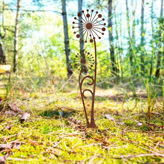 Rusty Dandelion Stake Metal Flower Garden Stake Yard Decoration Outdoor Decor Dandelion Stake for Courtyard Lawn Pathway