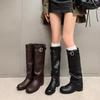 Cowhide Version~ 2025 New Autumn and Winter Thin High Trouser Boots Women's Thick Heel Knight Boots Belt Buckle Western Boots
