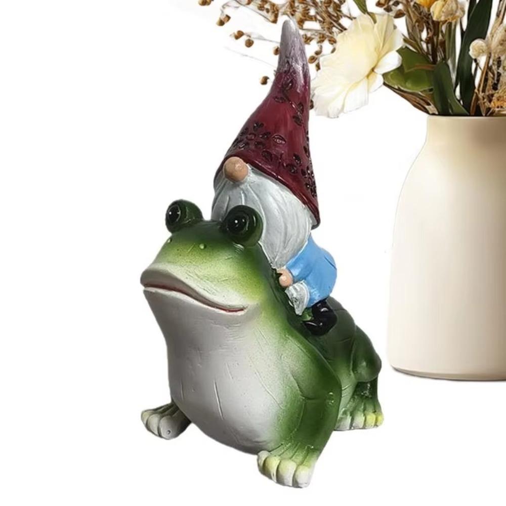 Cartoon Garden Gnomes Figurine Funny Dwarf Sculpture Creative Gnome Riding Frog Statue  Home
