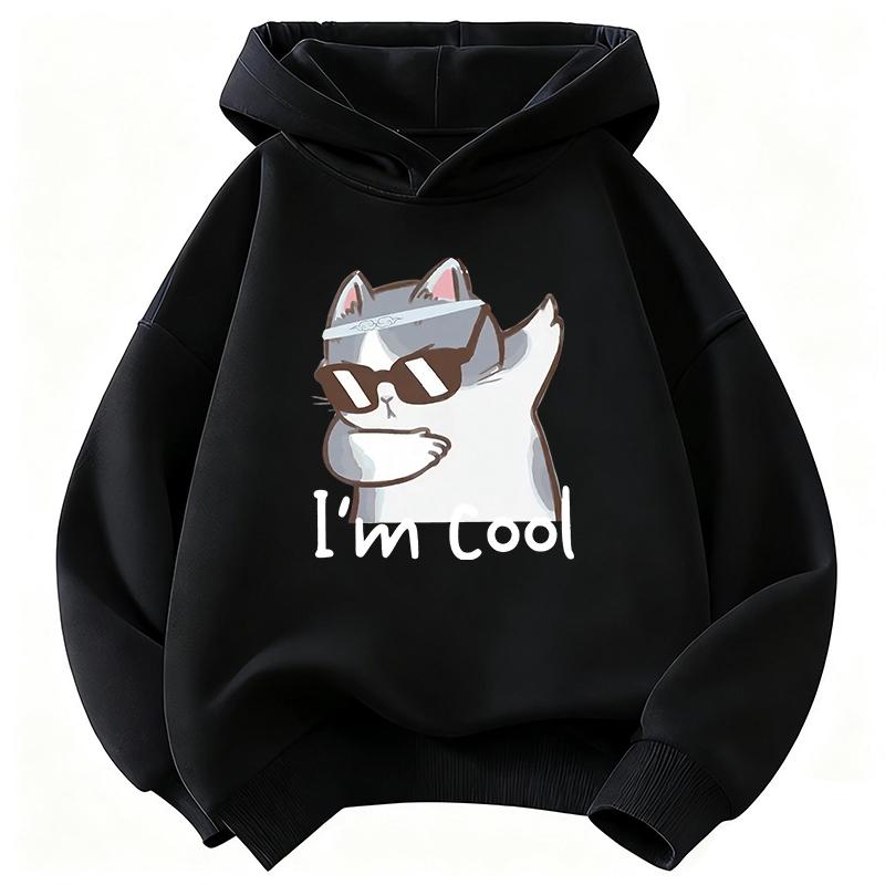 Soft Children Hoodie, Cool Cartoon Cat With Sunglasses I'm Cool Print Pullover Sweatshirt, Autumn Winter Casual Sport Long Sleeve Top for Kids Outfit