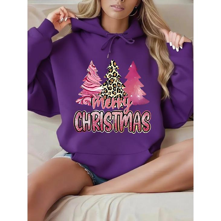 New Women's Christmas Hooded Sweatshirt - Autumn/Winter Casual Drawstring Pullover with Tree & Letter Print, Cozy & Fashionable