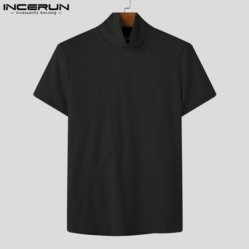 INCERUN Летние мужские футболки с высоким воротом и коротким рукавом в рубчик, облегающие повседневные футболки, топы