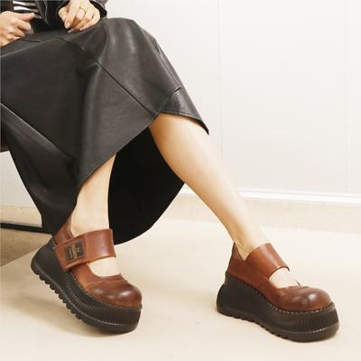 Туфли из натуральной кожи на толстой подошве с завышенной талией, женские туфли в стиле ретро с круглым носком на плоской платформе
