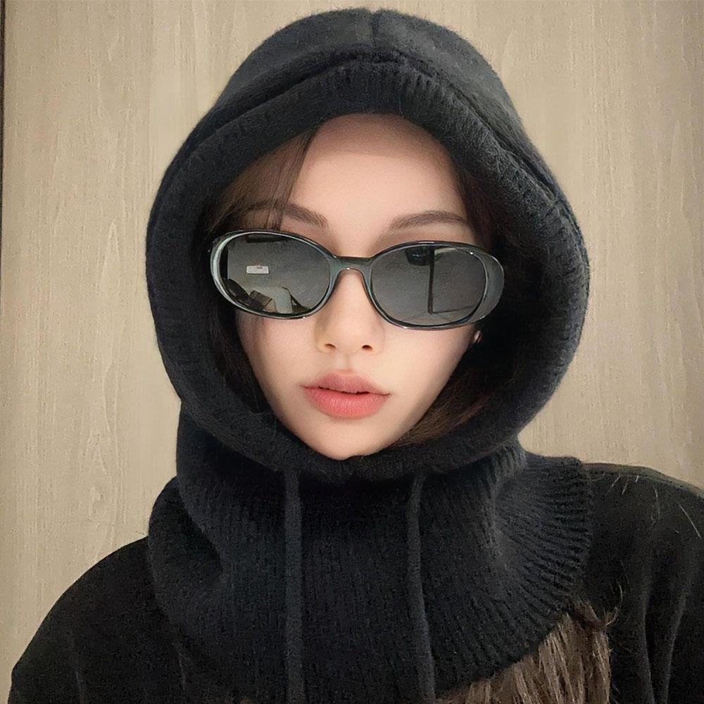 Ветрозащитная вязаная шапка с капюшоном, однотонная шапка-бини с воротником, кавайная шапка-балаклава для девочек